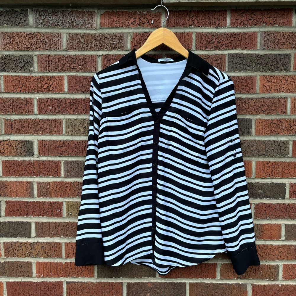 Express Black and White Striped Collared Chiffon Button Down Shirt Top